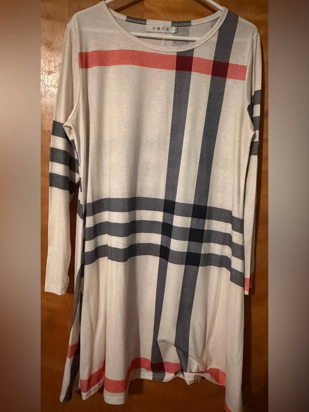 SMYS Elegant Ivory Plaid Long-Sleeve Swing Dress XL - Picture 2 of 8
